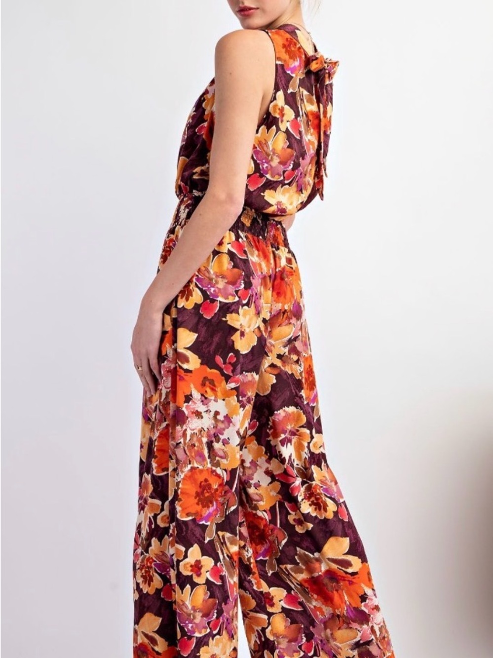 Easel Floral Brown and Orange Boho Wide Leg Jumpsuit - Picture 5 of 5